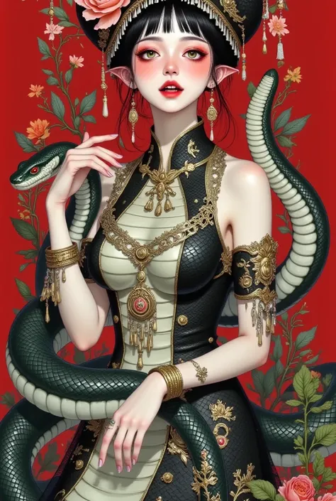  close-up of the black python queen ，Closeup of the white python queen wearing a tassel hat ， it circles around itself  ,  Black snakeskin dress ，  Bracelet，Armband。 surrounded by flowers，majestic black snake background