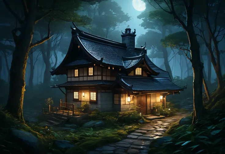  nighttime scene of a house in the woods with a path,   fairy tale with a few small lamps , realistic  fantasy rendering by Andreas Rocha , Fantasy House, inspired  by Andreas Rocha ,  Andreas Rocha Style,  cozy and enchanting scene,  drawn by Andreas Roch...