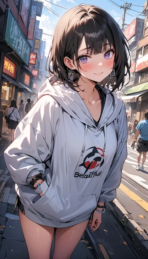 ( beautiful girl  : 1.3), 1 girl,( oversized white hoodie,Earrings, bracelets in the room,thigh, sneakers), black hair, bob cut,smile,Embarrassed,blush,City street corner,masterpiece, top quality, super high resolution, rich contrast, high definition,8k, H...