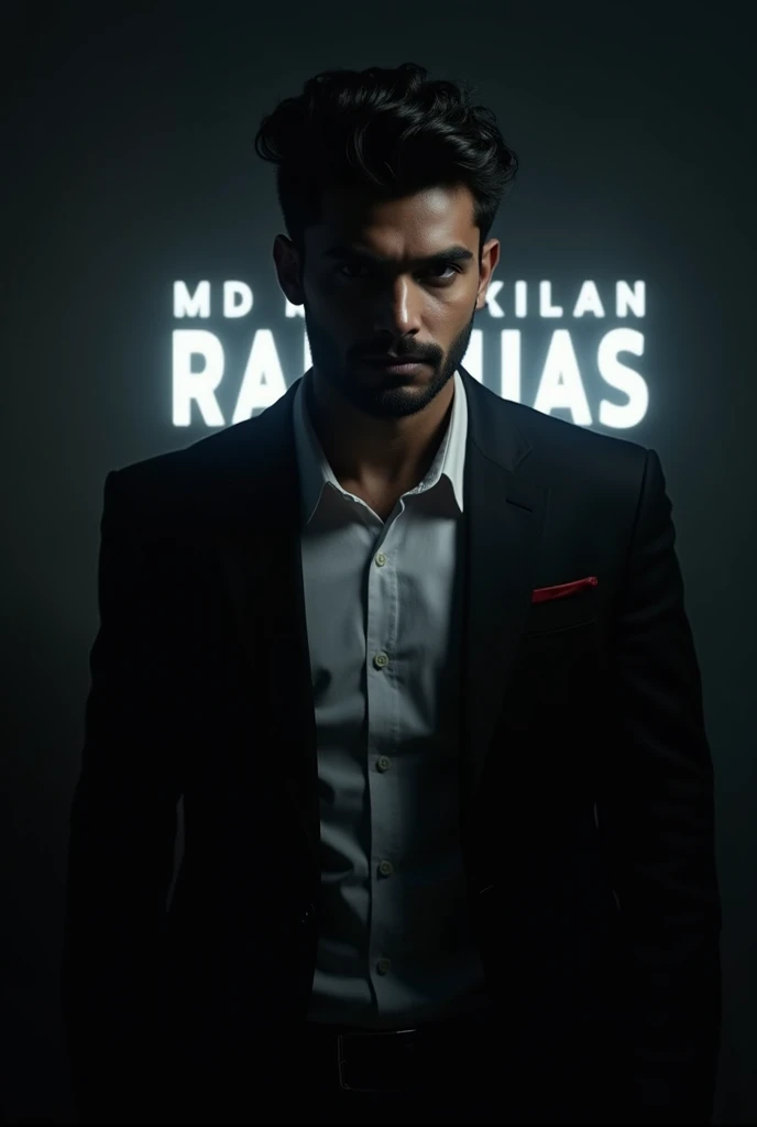 Create a highly realistic portrait of a 24-year-old Bangladeshi man named 'MD RAKIB ABIR, standing in a dark room. He is wearing a blackblazer and a white shirt.

The lighting should be dramatic, focusing on his handsome face with a light stubble, giving h...