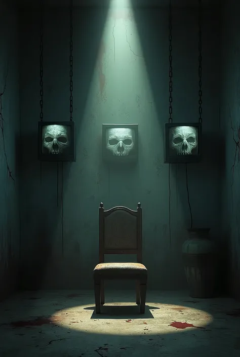 "A dimly lit room with a single spotlight casting a harsh glow on an old, rusted chair in the center. Thick chains hang from the ceiling, their shadows stretching ominously across the cracked, blood-stained walls. In the background, an array of sinister mo...