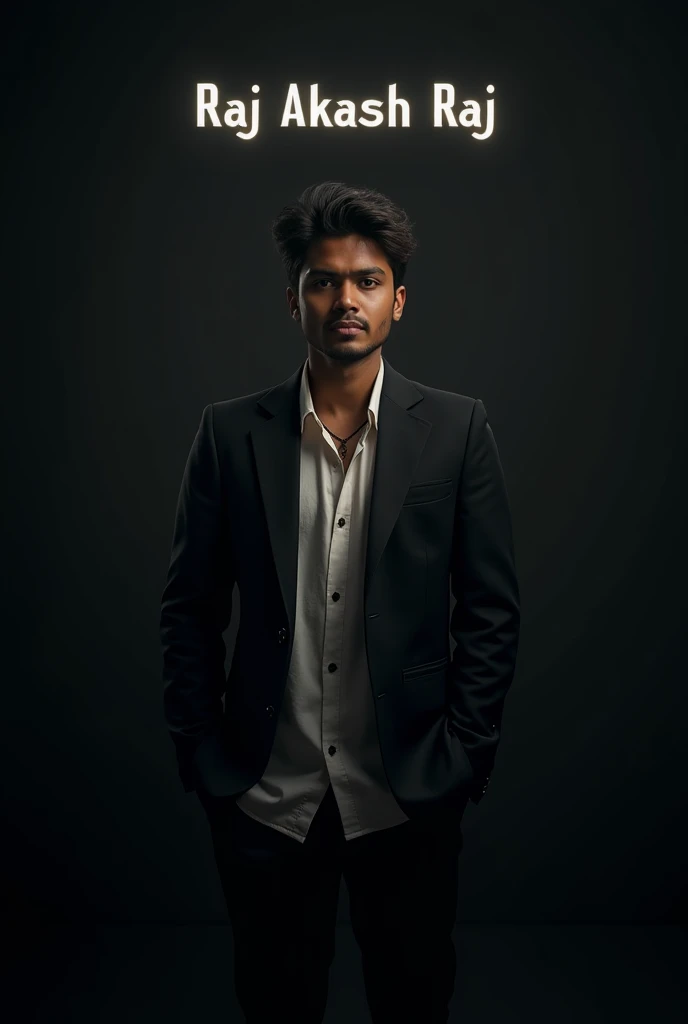 Create a highly realistic portrait of a 16-year-old Bangladeshi man named 'Raj Akash Raj,' standing in a dark room. He is wearing a blackblazer and a white shirt. The lighting should be dramatic, focusing on his handsome face with a light stubble, giving h...