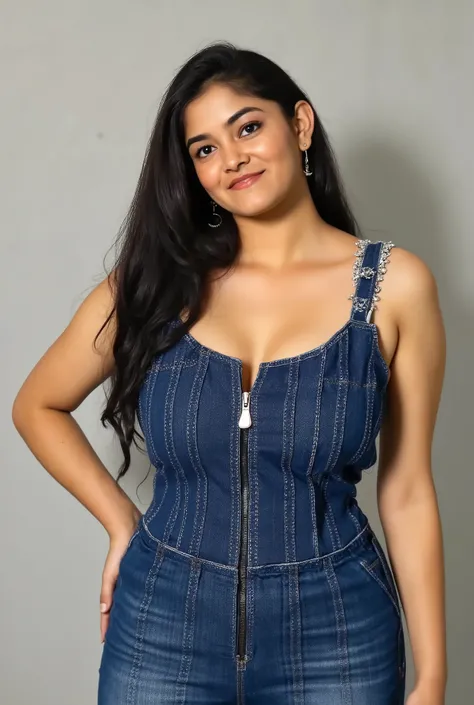 "She is wearing a snug denim jumpsuit with a front zipper, the material stretched taut over her full chest."