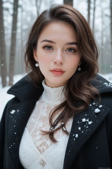 My real 22 year old Moldovan sister Ana looks at me while wearing a white dress and a black coat in the snowy forest.real, brunette hair,close