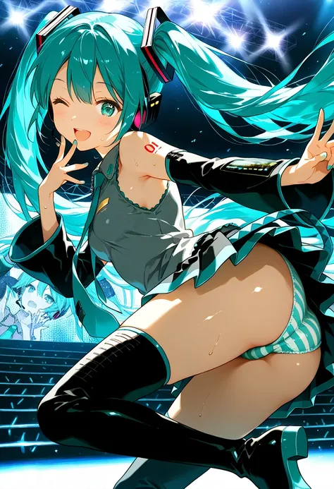  score_9,  score_8_  up,  score_7_  up,  score_6_  up,  score_5_  up,  score_4_  up, 
  1 girl,   Hatsune Miku , Straight hair,     Aqua Eyes,   aqua hair,  sleeveless  shirt with all bangs ,     hair ornament ,    headphones ,   long hair,   Twin Tails, a...