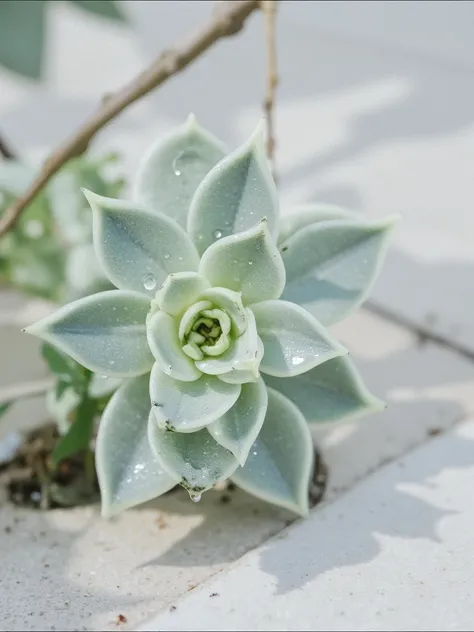 masterpiece,     top quality,   portrait,   photos,  high resolution, 8k,Farewell Echeveria、     clear focus   ,Focus on pale colored Echeveria, water drops:1.3, Canon 