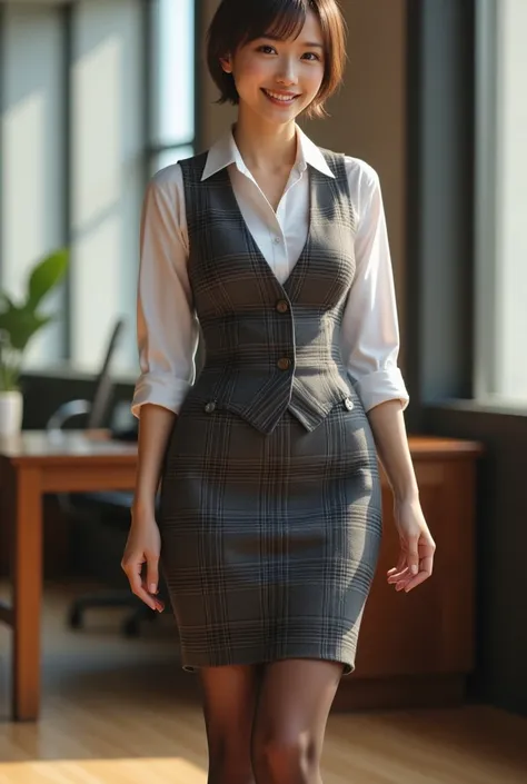 masterpiece,  top quality:1.4,  more details:1.4,  Movie Lighting,   RAW photos in the loop :1.2,  photorealistic , Genuine:1.4, １  girl  、  Complete Anatomy 、48 years old、  camera,   short hair 、  Plaid Vest  、 pencil skirt ,   I focus on raising my hips ...