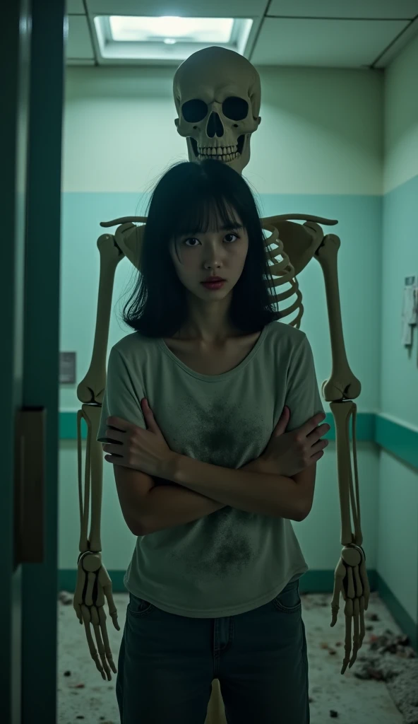  Cinematic Stills, Abandoned Hospital、Asian girl hugged from behind by a skeleton、 Dutch angle, Creepy