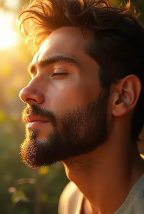 a young man relaxing having beard with close eyes and a sunlight hitting on his face