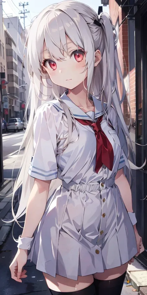  1 girl,  beautiful detailed eyes,  long white hair, Pale red eyes,  school uniform , high black socks ,  shiny skin , city,   knight ,  High Contrast , ((masterpiece,  top quality))