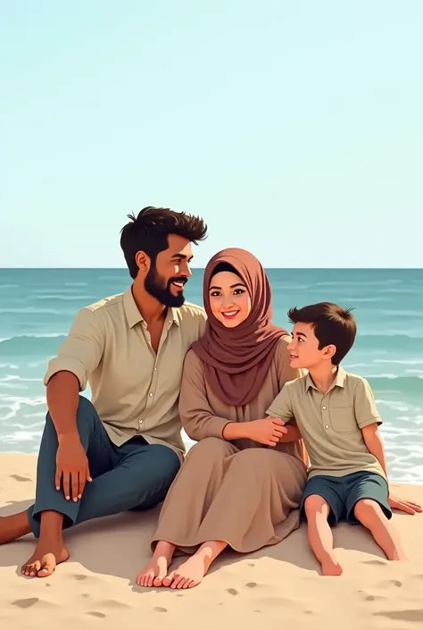 A 36-year-old man wearing a casual shirt on the beach sits with a 29-year-old woman wearing a hijab casual dress, and a  boy wearing a casual shirt 