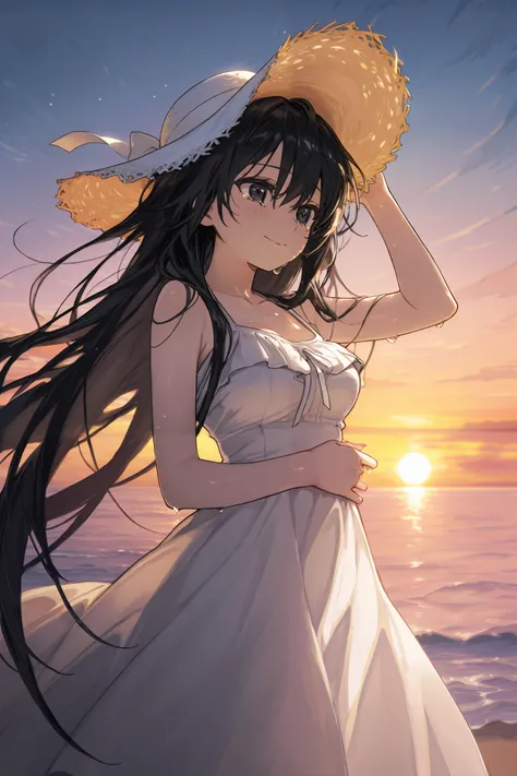 1girl, Solo, Sea girl, Medium breasts, Summer hat, White dress, medium skirt, Sunset, Smiles, tears, very long hair, black hair, black eyes, sharp hair, beautiful, fair skin, High Resolution, Wallpaper, 8k, UHD