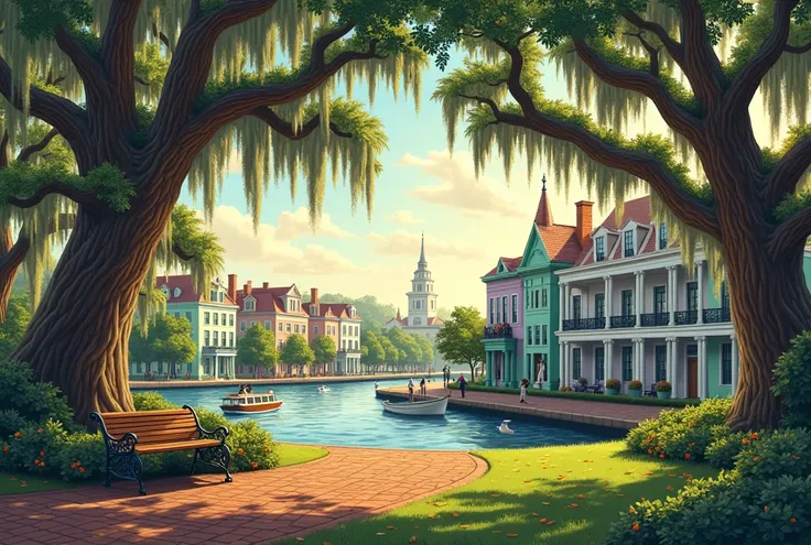  A characteristic Savannah landscape , Georgia,  capturing the essence of its historical and natural charm .  The scene is set in the historic center of the city ,  with a wide view that includes some of the most emblematic elements of Savannah .

 blouse ...