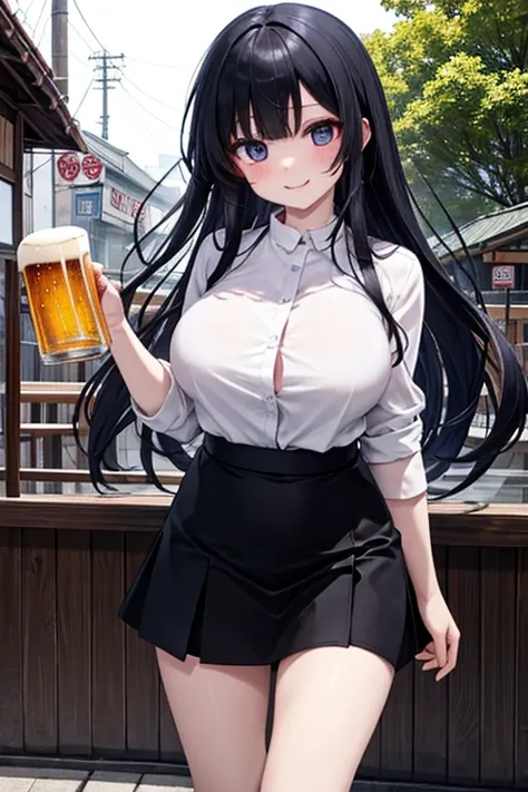 （Beautiful sister:1.3）、long eyelashes、 happy face, spring vibe、 evening、Hardline 、hot、((Strong winds))、 black skirt、 Eyeliner、 Y shirt、Izakaya、beer on the right hand 、 drunk、 red cheeks、 black hair long hair, big breasts、