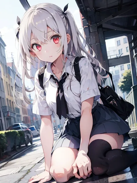  1 girl,  beautiful detailed eyes,  long white hair, Pale red eyes,  school uniform , high black socks ,  shiny skin , city,   knight ,  High Contrast , ((masterpiece,  top quality))