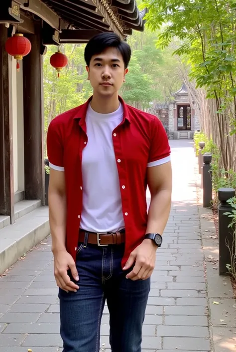  Realistic, Realistic, Natural Light , 17-year-old handsome Korean man , Wearing a red , There is a white t-shirt inside , Jeans ,  brown belt , Take a walk along the Chinese temple corridor.