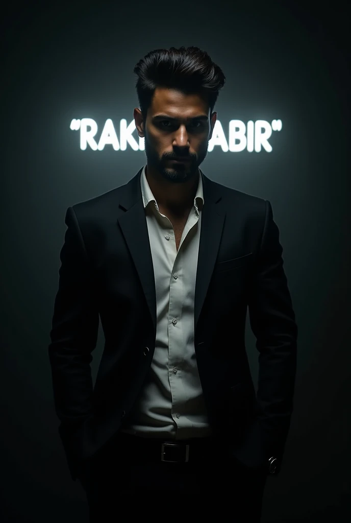 Create a highly realistic portrait of a 24-year-old Bangladeshi man named 'MD RAKIB ABIR, standing in a dark room. He is wearing a blackblazer and a white shirt.

The lighting should be dramatic, focusing on his handsome face with a light stubble, giving h...