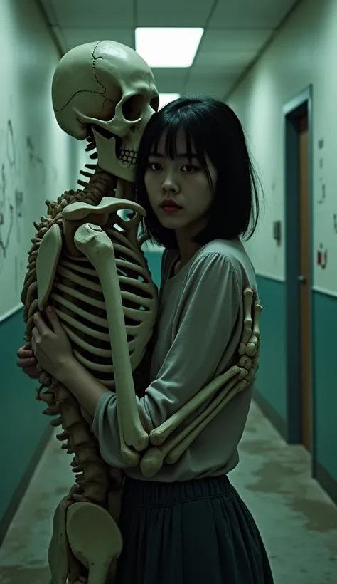  Cinematic Stills, Abandoned Hospital、Asian girl hugged from behind by a decayed skeleton、 Dutch angle, Creepy、The skeleton has collapsed 々崩壊している