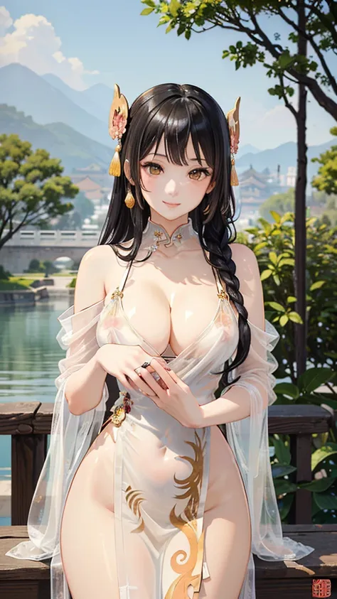 Masterpiece, Ultra High Quality, Ultra HD Quality, The Most Beautiful Woman in History, Anime, Slender Body, (Large and Ample Breasts, Cleavage), Tall, Small Face, Well-proportioned Figure, (Beautiful White Skin)), (Shiny Black Hair: 1.2), (Single Braid Ha...