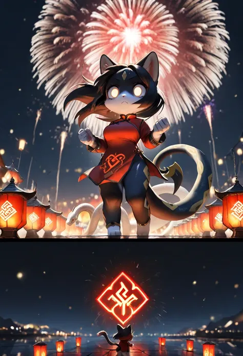 ((Masterpiece)), ((Best Quality)), (Very Detailed), ((Very Detailed)), 4K, (8K), very aesthetic, absurdres highres, 1girl, (furry, kemono:1.4), cat girl, animal nose, cat ears, cat tail, qipao, traditional chinese dress, giant snake, white snake, shiny sca...