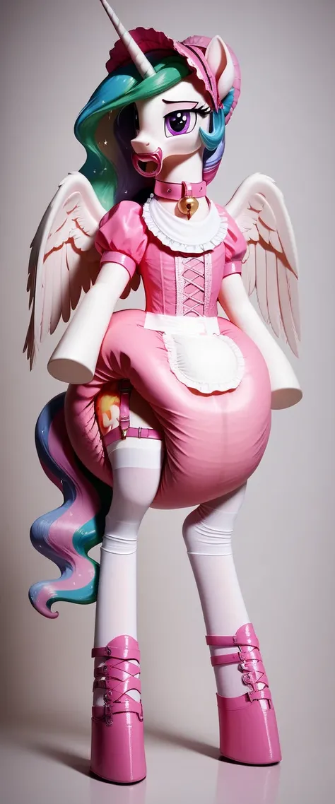 alicorn pony alone , adult mare,  princess celestia , , the mane is gathered in a dark pink bonnet ,  purple eyes , stands on four hooves ,  wide open back hooves ,  dressed in an elaborate pink dress with ruffles and ruffles and a short skirt ,  around th...