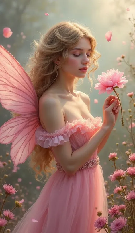 Prompt:
a beauty fairy made in chalk pastels, pale rose lips, with long curls, holds a pink petal flower in one hand, blush wings, rose dress, in the style of van gough, bg of wild flowers, shiny oil paint, dramatic bright flood fill lighting,  ultra-detai...