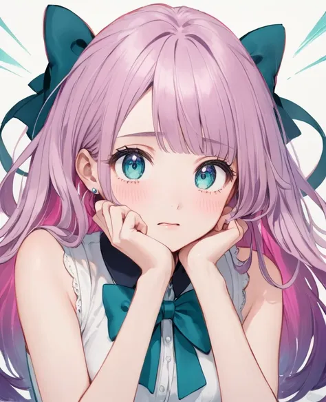 Anime-style portrait of a young girl, likely pre-teen to early teen, with a distressed expression.  Pale skin, vibrant teal and light purple hair, highlighted with white streaks.  Large, expressive eyes with a deep violet hue, filled with tears, showing sa...