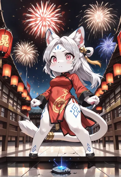 ((Masterpiece)), ((Best Quality)), (Very Detailed), ((Very Detailed)), 4K, (8K), very aesthetic, absurdres highres, 1girl, (furry, kemono:1.4), cat girl, animal nose, cat ears, cat tail, qipao, traditional chinese dress, giant snake, white snake, shiny sca...