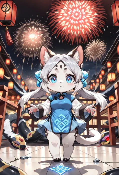 ((Masterpiece)), ((Best Quality)), (Very Detailed), ((Very Detailed)), 4K, (8K), very aesthetic, absurdres highres, 1girl, (furry, kemono:1.4), cat girl, animal nose, cat ears, cat tail, qipao, traditional chinese dress, giant snake, white snake, shiny sca...