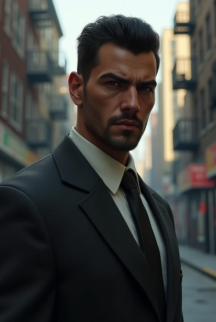 Draw a game character in the style of GTA 4, let this character be the boy of an Arab mafia 