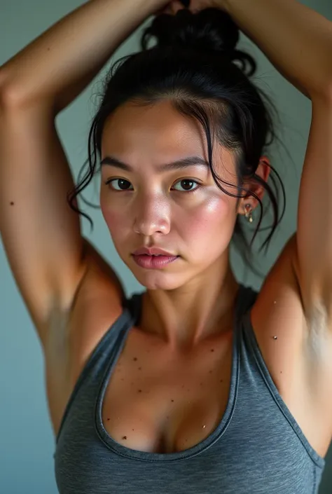 Young woman with her arms up sweating a lot