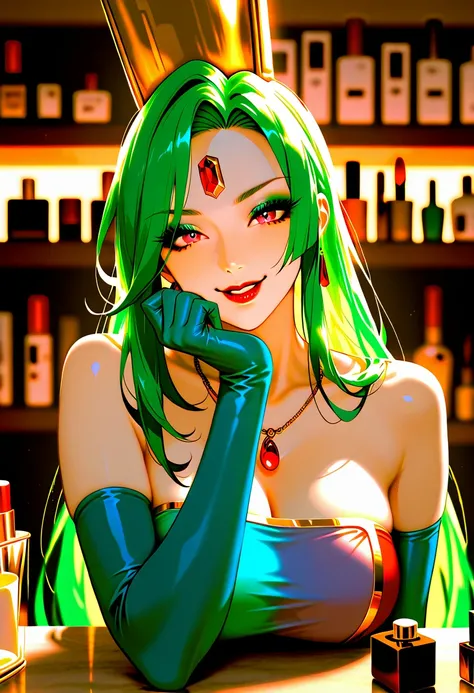  score_9, score_8_ up, score_7_ up, masterpiece,  high resolution,  glittering clothes ,  1 girl, Heavy makeup, ,  green hair, , Red gem on forehead, 、 has 1 lipstick tube near her lips, Red lipstick,  eyeshadow, long eyelashes,  while tasting,  Blue Bodyc...