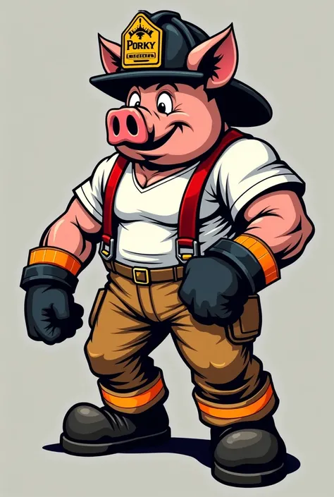 Vector Style, ((comic art)), (cartoon style) a 5, lowbrow art, "Design an intricate tattoo logo with a bold, vintage, and rugged look. At the center, place closeup image of a strong, muscular roughed-up Looney Tune’s Porky Pig wearing black firefighter glo...