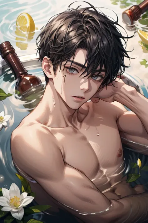 (absurdres, highres, ultra detailed), 1 male, handsome, tall muscular teen boy, age 12, mature, (The pond is filled with lemon slices and white flowers), A man lying on back comfortably in it, from directly above, (naked), wet, colorful, artistic, depth of...