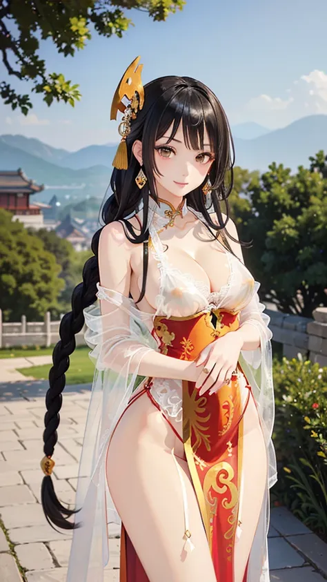 Masterpiece, Ultra High Quality, Ultra HD Quality, The Most Beautiful Woman in History, Anime, Slender Body, (Large and Ample Breasts, Cleavage), Tall, Small Face, Well-proportioned Figure, (Beautiful White Skin)), (Shiny Black Hair: 1.2), (Single Braid Ha...