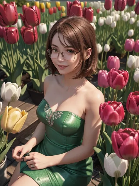  close-up ,  upper body . Short,  red hair,  Green eyes,  metal-framed glasses, mini size 2 breasts,  green strapless dress, smiling 15-year-old girl sitting among tulips. ( masterpiece,  top quality,  best quality,  official art ,  beautiful and aesthetic...