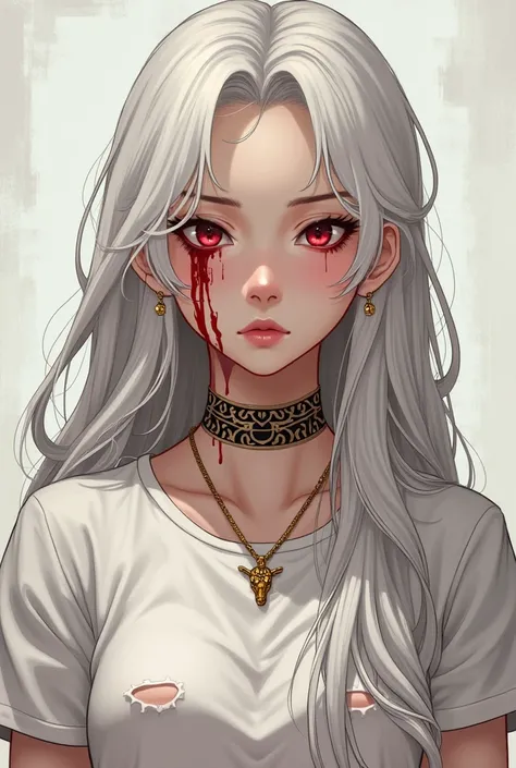  Creates the oil image ,  in the fanart anime style with the following characteristics :
 An 18-year-old woman ,  with long hair down to below the waist in the color white , white white skin ,  with slightly flushed cheeks ,  naturally reddish lips ,  red ...