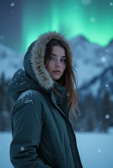 A female model in a cozy hooded parka, standing under a starry sky illuminated by the vibrant colors of the northern lights, with snow-covered mountains in the distance