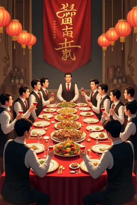 Large banquet table, a large flag with the words HAI DUONG COMPANY , wearing a vest , holding a glass of wine , many men, wearing a vest  , large chalkboard HAPPY NEW YEAR 