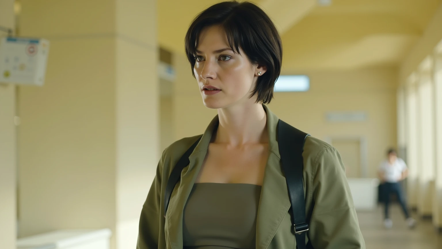 A woman with short, dark hair, stands in a subway station. Positioned slightly to the left of center in the frame, she is captured from a three-quarter view, facing slightly to her right. Her expression is neutral, and she wears a light olive-green, loose-...