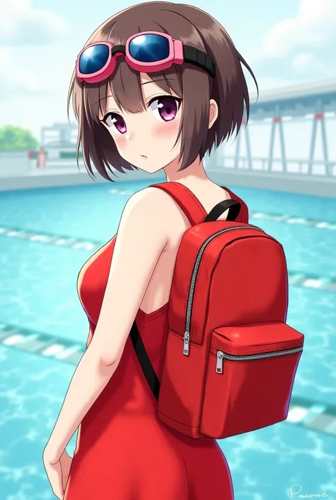 Girl woman with short brown hair wearing pool goggles a red backpack with a zipper and red clothes with a short red dress and anime