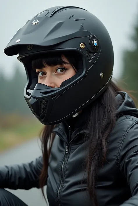 Biker black hair girl in black helmet visor black equipment BMW 1000SR rear and side pulled agv helmet wearing agv helmet in front of bikers brand and closed eyes brown black muscles long eyelashes hourglass body 