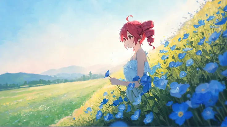  heavy sound teto,  vibrant,  masterpiece, ultra high quality, 
A soft watercolor painting of a lush green meadow with wildflowers and a serene sky, featuring delicate and blended brushstrokes.