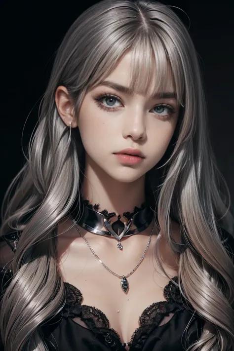 (look at viewer、upper body、from front:1.3)、( Hollow Eyes 、 eyeliner、black eyeshadow、blunt bangs、 straight long hair、 Silver Hair Color :1.7)、( luxury necklace、black silk high collar dress:1.2)、masterpiece、 top quality、 top quality、 kampala、Genuine、 RAW pho...