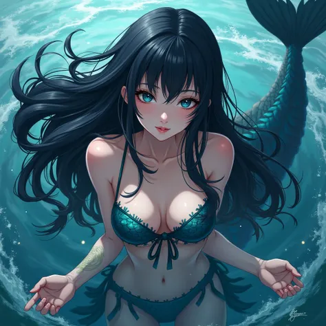 Anime woman with long black hair, black eyes as a siren