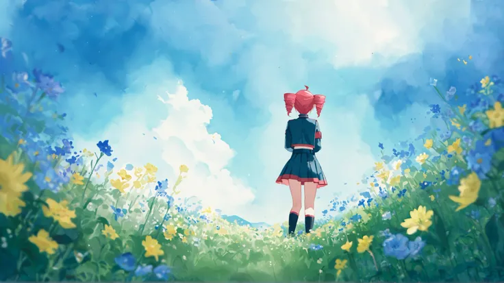  heavy sound teto,  vibrant,  masterpiece, ultra high quality, 
A soft watercolor painting of a lush green meadow with wildflowers and a serene sky, featuring delicate and blended brushstrokes.