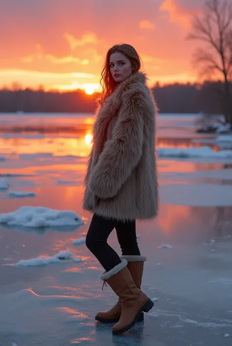 A female model in a faux-fur coat and boots, standing on a frozen lake at sunset, with the warm glow of the sun reflecting off the icy surface, creating a serene and magical atmosphere