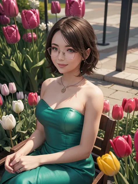  close-up ,  upper body . Short,  red hair,  Green eyes,  metal-framed glasses,  size 2 breasts,  green strapless dress, smiling 15-year-old girl sitting among tulips. ( masterpiece,  top quality,  best quality,  official art ,  beautiful and aesthetic:1.2...