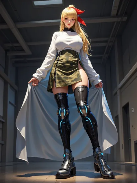 "Full-body photorealistic selfie of a confident, statuesque blonde woman with a cyberpunk aesthetic, captured from a low angle perspective in a dimly lit, industrial-style building. The image frames her entire figure from the ground up, emphasizing her tow...