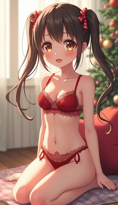 An anime girl,In Christmas lingerie,height 120 cm ,anime, slim body,each one with a double tail hairstyle,From the 5th grade of elementary school,crouching,